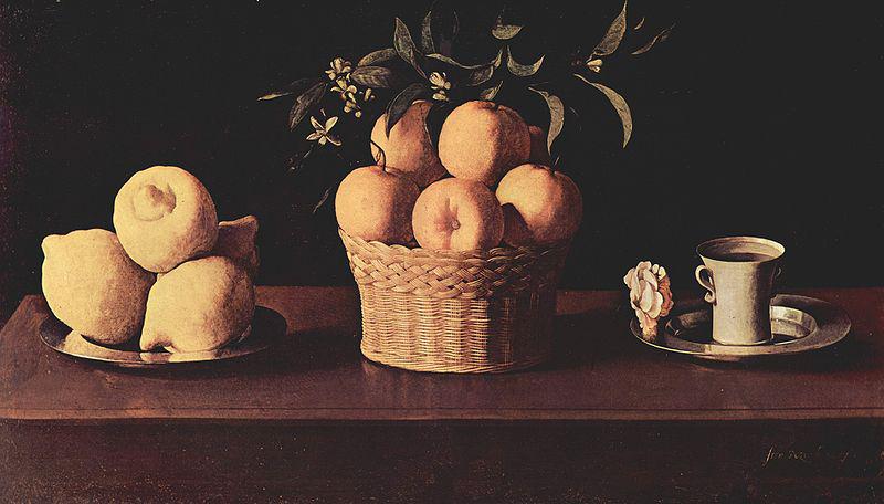 Francisco de Zurbaran Teller mit Zitronen, Korb mit Orangen und Tasse mit Rose oil painting image